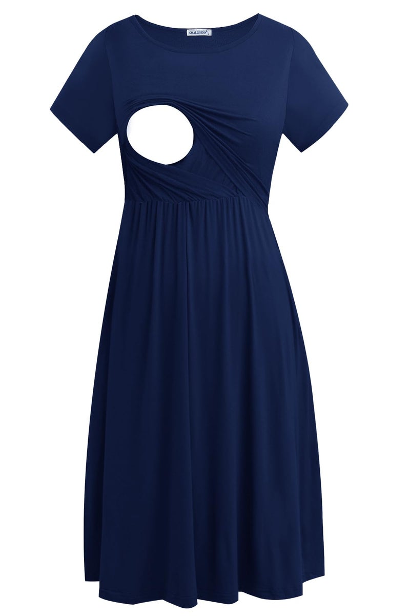 Smallshow Women's Short Sleeve Patchwork Nursing Dresses for Breastfeeding Large Navy - Image 1